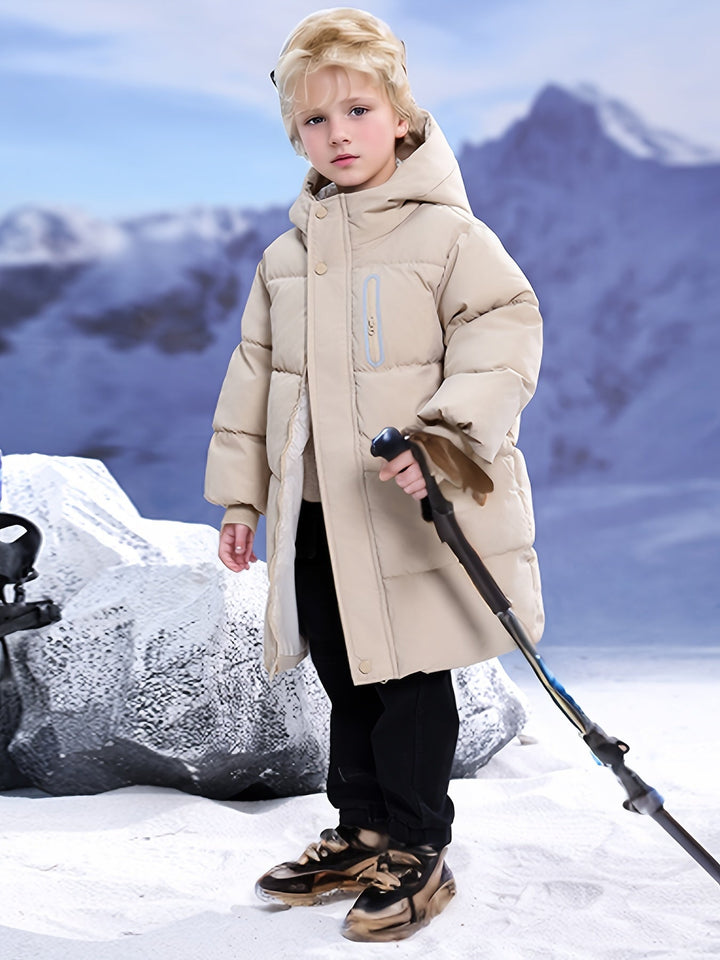 Chaqueta acolchada con capucha en color vibrante para niños y niñas. Ropa exterior invernal cómoda.