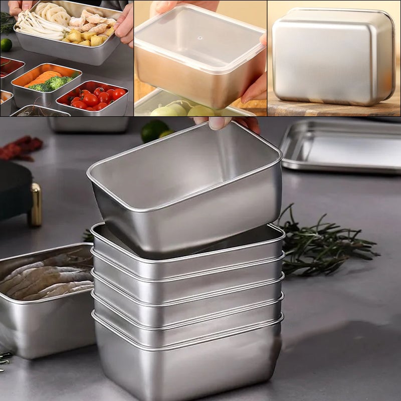 Recipiente de acero inoxidable para almacenamiento de alimentos. Fiambrera ecológica y reutilizable.
