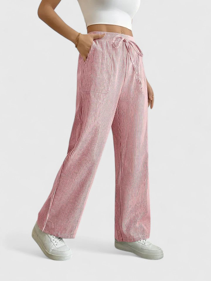 Pantalón amarillo suave de corte ancho. Tejido ligero y cintura adaptable. Ropa femenina.