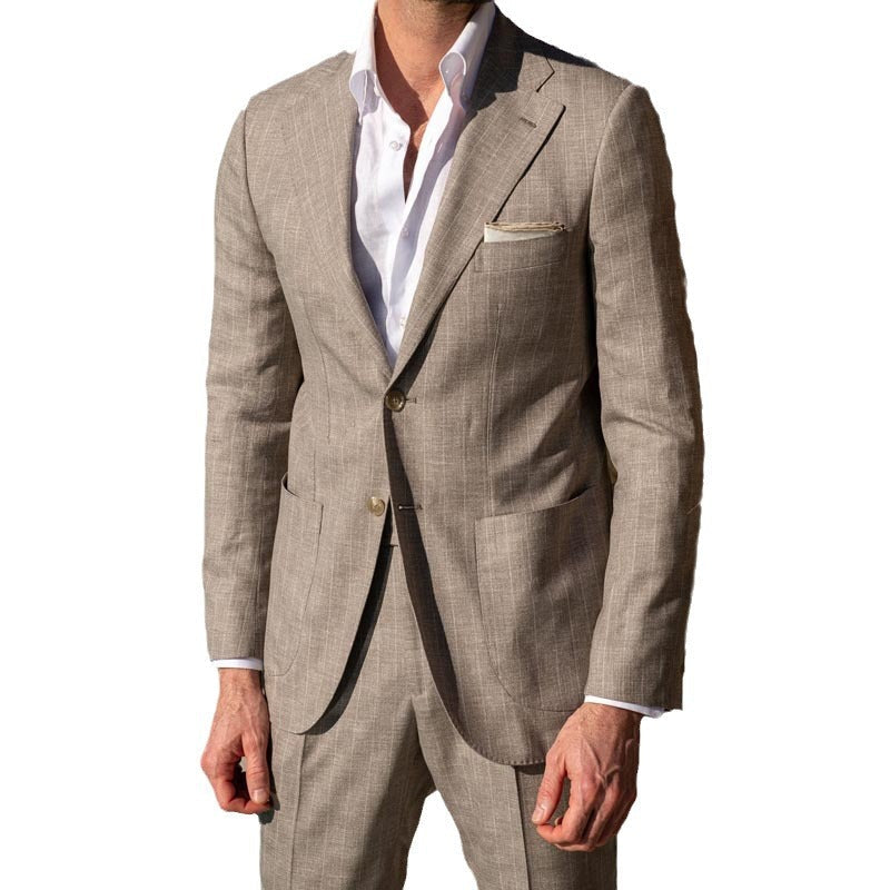 Chaqueta americana de lino khaki para hombre, corte slim fit, estilo casual elegante de verano.