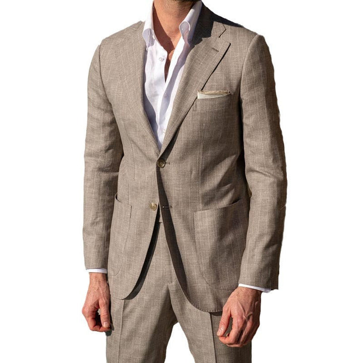 Chaqueta americana de lino khaki para hombre, corte slim fit, estilo casual elegante de verano.