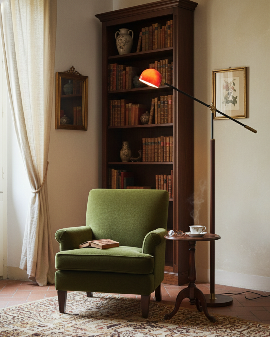 Diseño moderno: lámpara de pie con columna de madera, base de metal y brazo oscilante.