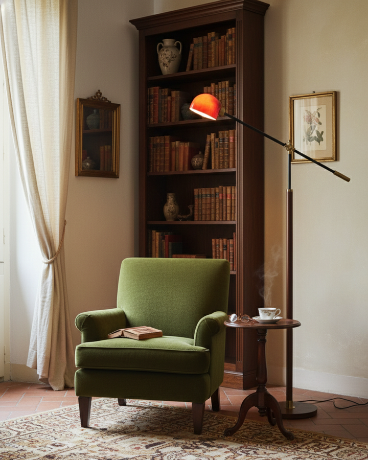 Diseño moderno: lámpara de pie con columna de madera, base de metal y brazo oscilante.