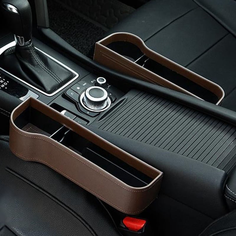 Organizador de asiento de coche de cuero premium, con espacio para tazas y objetos.