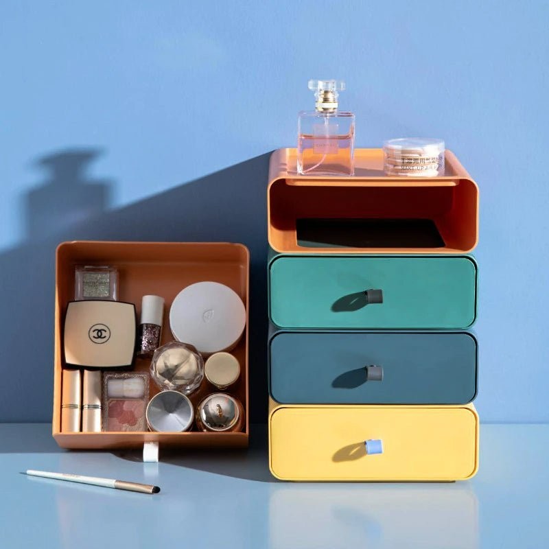 Organizador apilable con cajón, ideal para maximizar el espacio de almacenamiento en cualquier habitación del hogar.