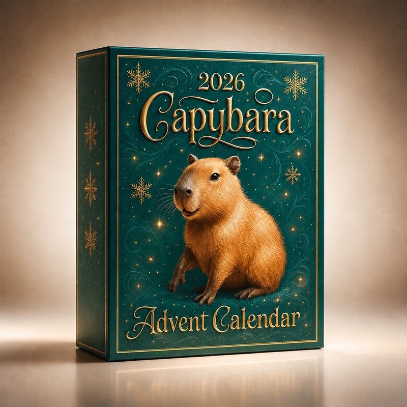 Vista frontal del Calendario de Adviento Capibara 2026. Regalo original y divertido para la cuenta regresiva festiva.