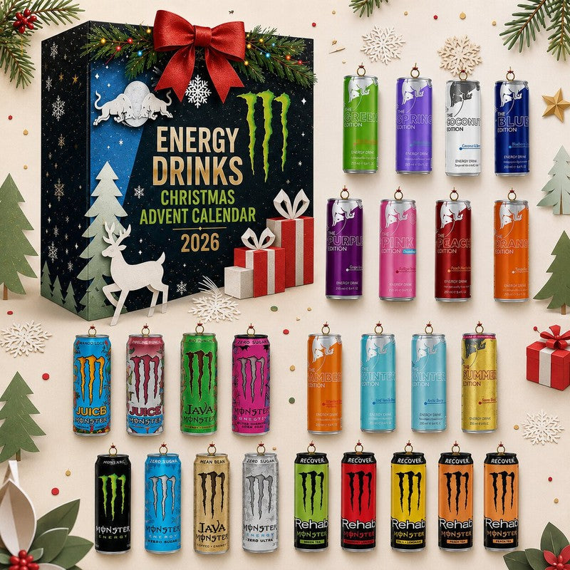 Calendario de Adviento temático de bebidas energéticas para Navidad. 24 sorpresas festivas, regalo ideal.
