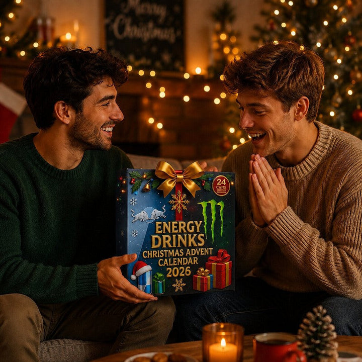 Calendario de Adviento con bebidas energéticas, decoración festiva para tu hogar esta Navidad.