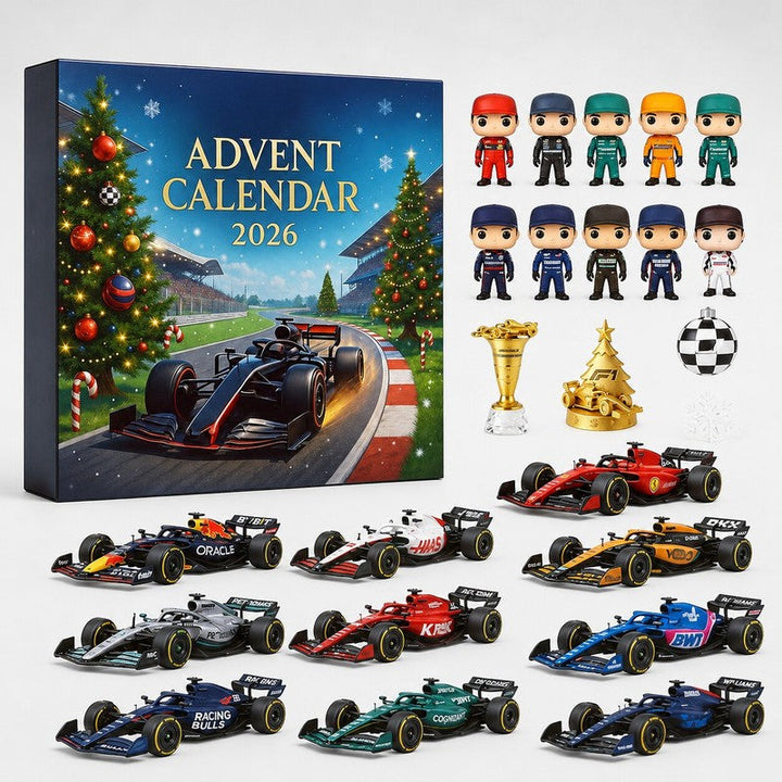 Calendario de Adviento F1 con 24 sorpresas de carreras. Regalo navideño ideal para niños y fans del automovilismo.