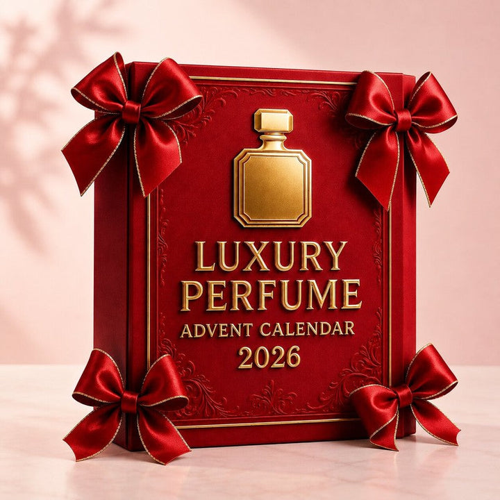 Calendario de adviento navideño abierto, mostrando mini perfumes y fragancias exclusivas para cada día de diciembre.