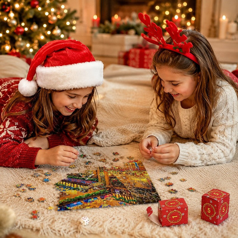 Detalle de rompecabezas navideño del calendario de adviento, diversión festiva para la navidad.