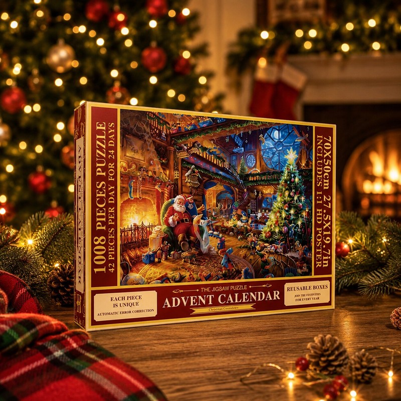 Calendario de adviento con rompecabezas de navidad, decoración festiva y juego familiar interactivo.