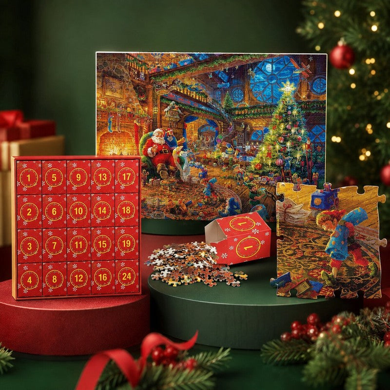 Abriendo una puerta del calendario de adviento rompecabezas navideño, sorpresa diaria familiar.