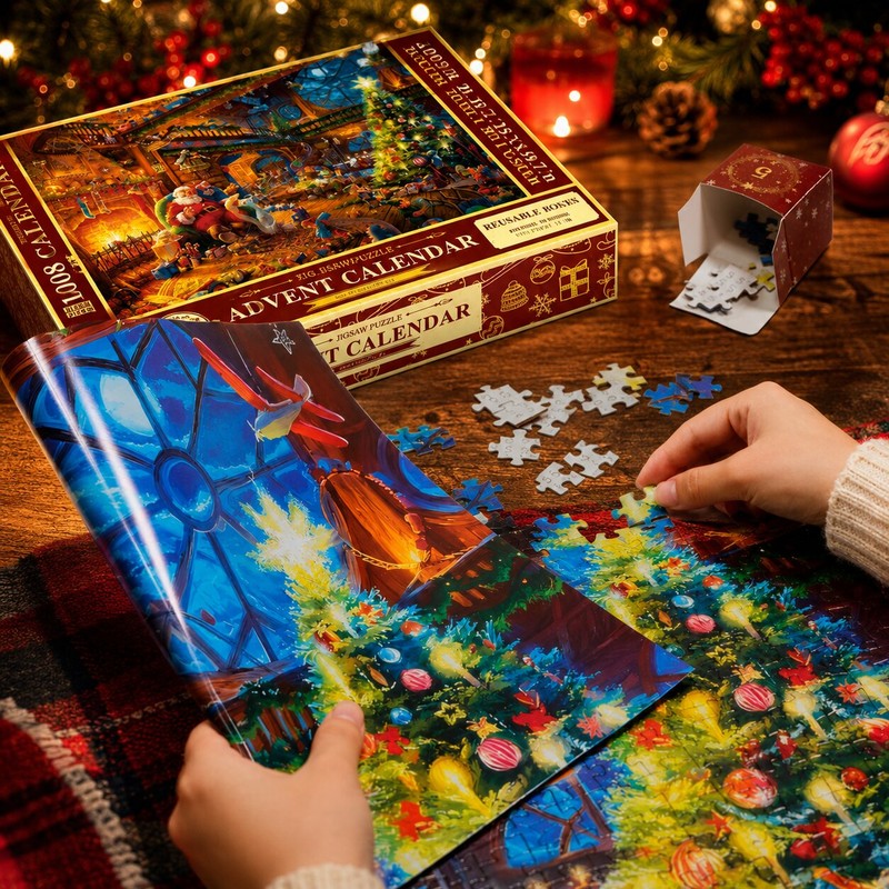 Variedad de rompecabezas temáticos navideños, dentro del calendario de adviento para la familia.