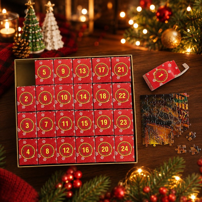 Juego festivo: calendario de adviento con rompecabezas de navidad, perfecto para el entretenimiento familiar.