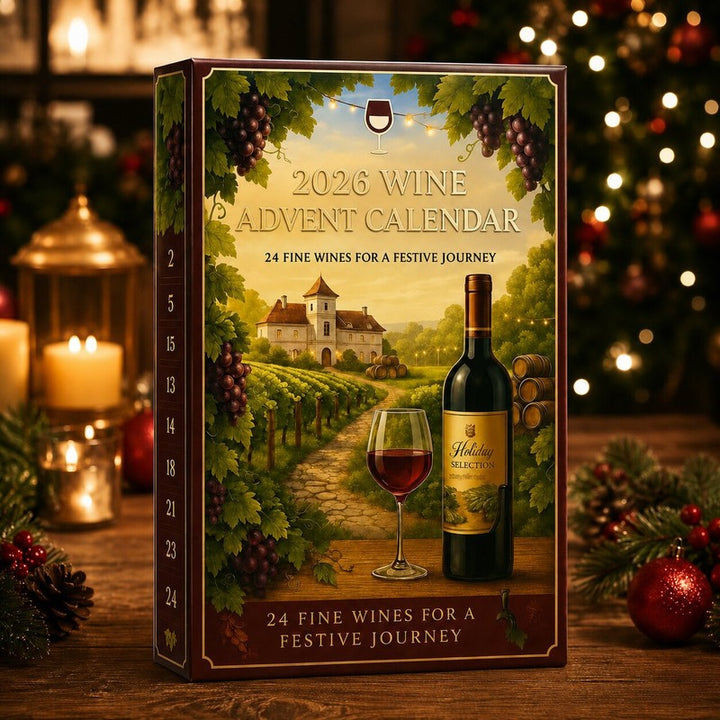 Persona abriendo una puerta del lujoso Calendario de Adviento de Vino. Regalo navideño para amantes del vino.
