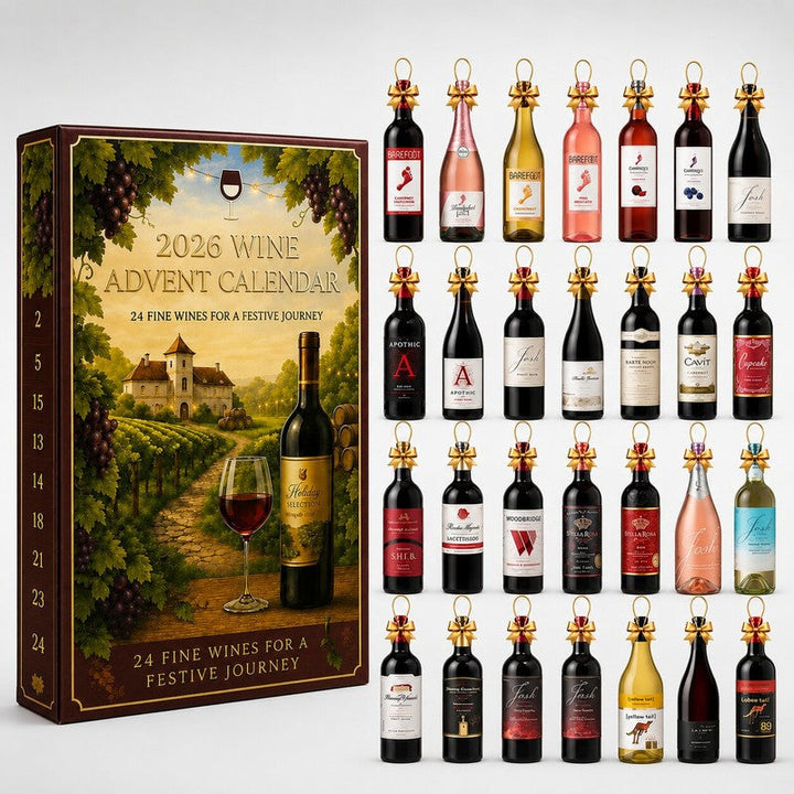 Calendario de Adviento de vino decorado con elementos festivos. Disfruta 24 días de sorpresas en Navidad.