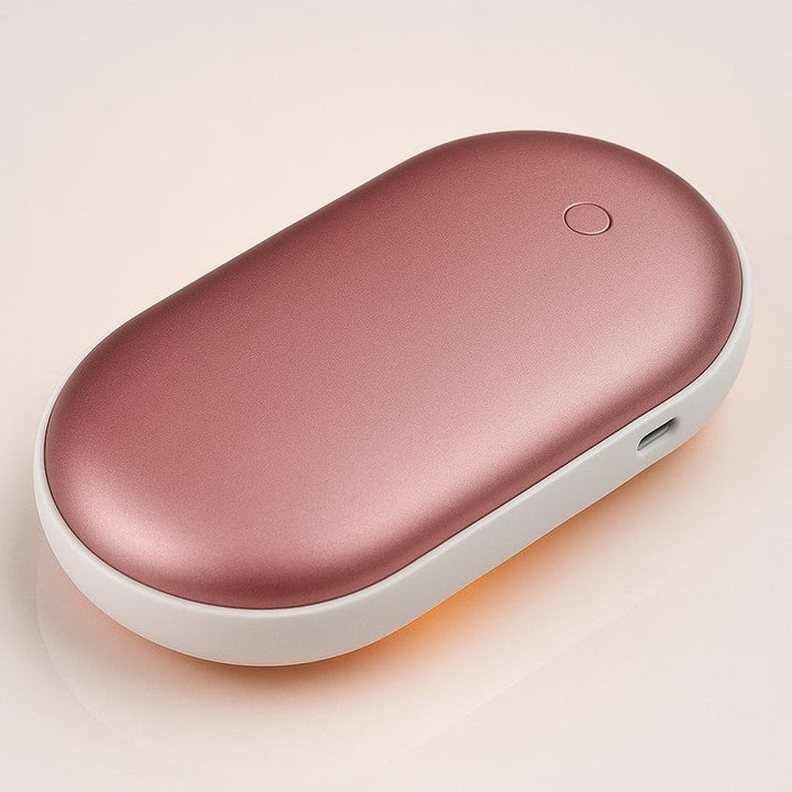 Moderno calentador de manos recargable con powerbank, perfecto para llevar en invierno.