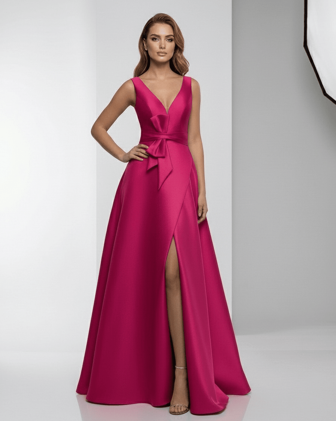 Vestido de noche fucsia para invitada de boda. Maxi, formal y sofisticado para ocasiones especiales.