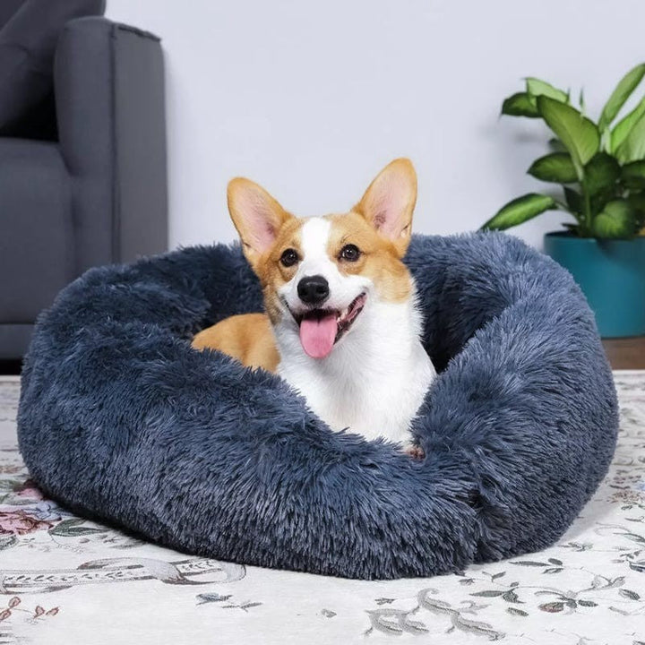 Cama para perro, redonda y acolchada. Ofrece un espacio seguro y cálido para dormir.