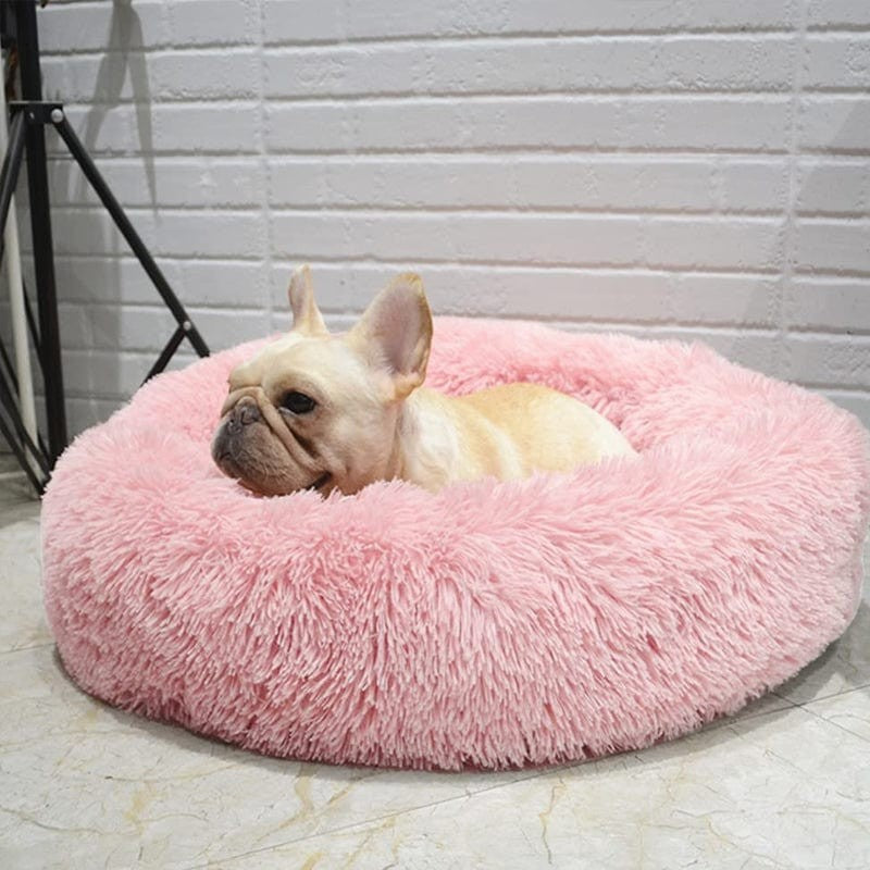 Cama de descanso para mascotas, diseño redondo y acogedor. Suave y de pelo largo.