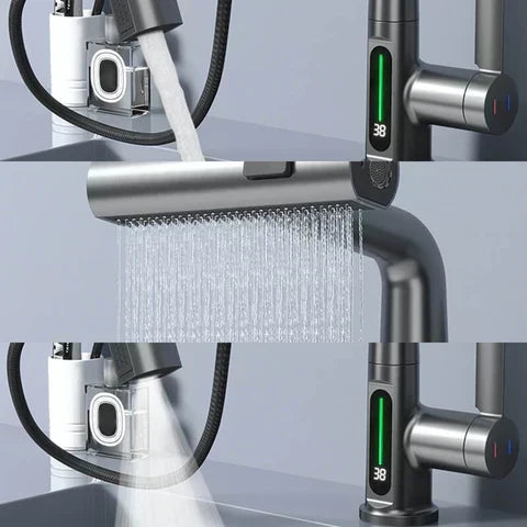 Grifo moderno para cocina con caño extraíble, rociador de alta presión y temperatura LED.