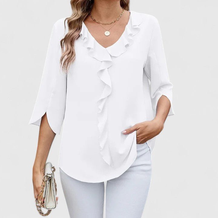 Blusa elegante para mujer, escote V y volantes, ideal para ropa de oficina o estilo casual de verano.