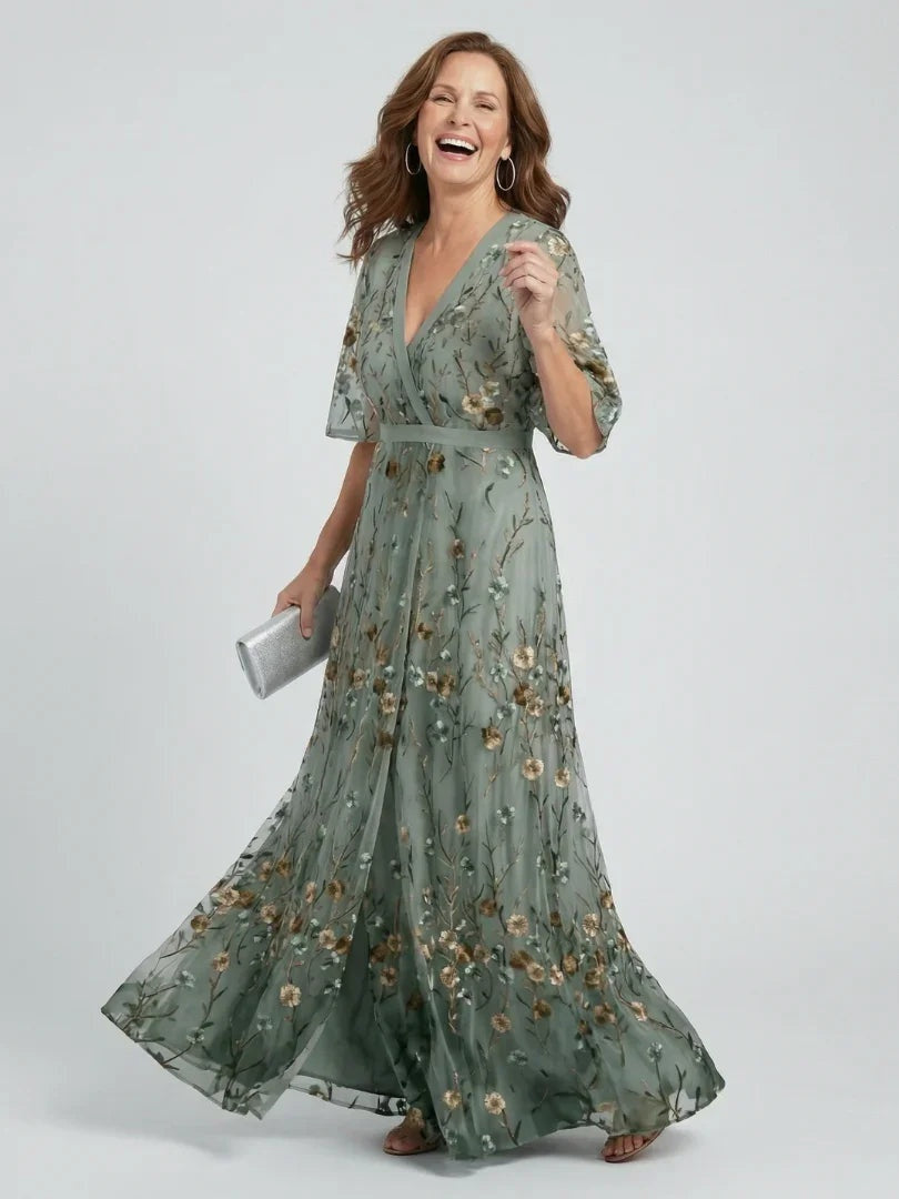 Vestido largo halter floral verde salvia para mujer, ideal fiesta y ocasión especial, estilo elegante.