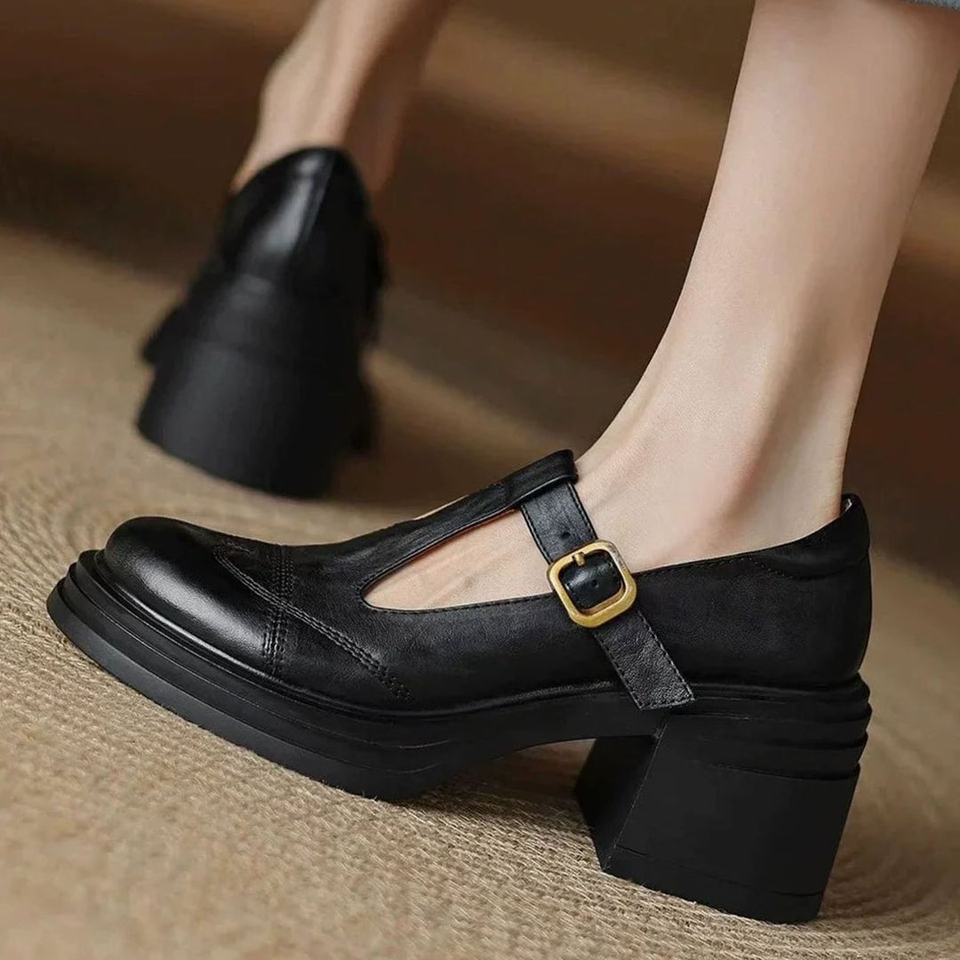 Zapatos de tacón ancho de piel para mujer, con tira en T y punta redonda. Calzado elegante para oficina.