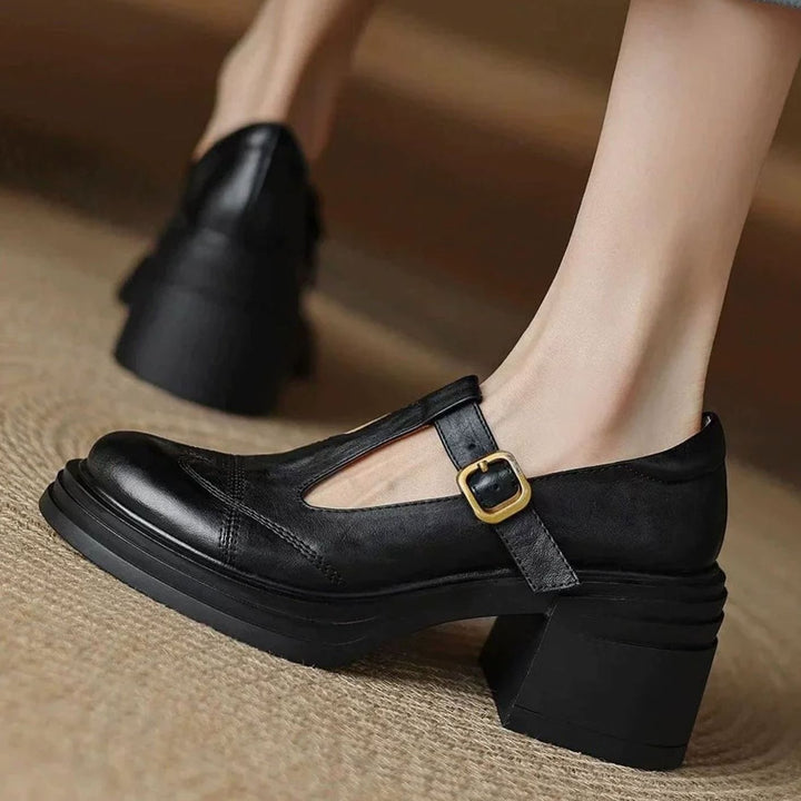 Zapatos de tacón ancho de piel para mujer, con tira en T y punta redonda. Calzado elegante para oficina.