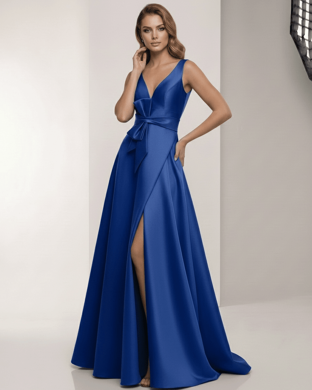 Vestido maxi blanco elegante Caspia. Vestido de fiesta con abertura y escote V. Moda femenina sofisticada.