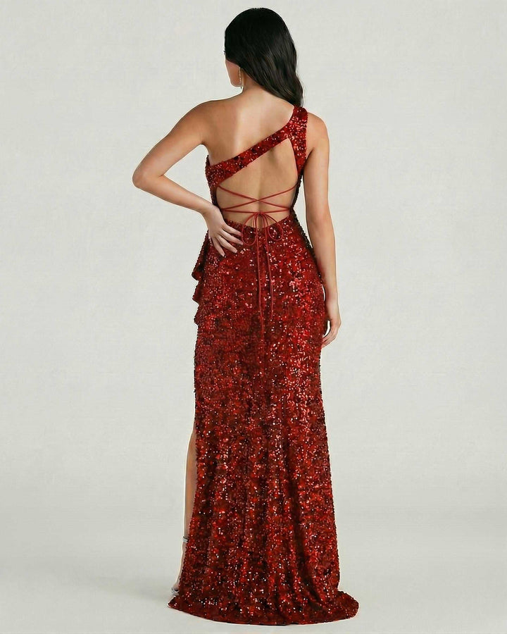 Elegante vestido maxi rojo de lentejuelas para mujer, perfecto para fiesta, formal o eventos especiales.