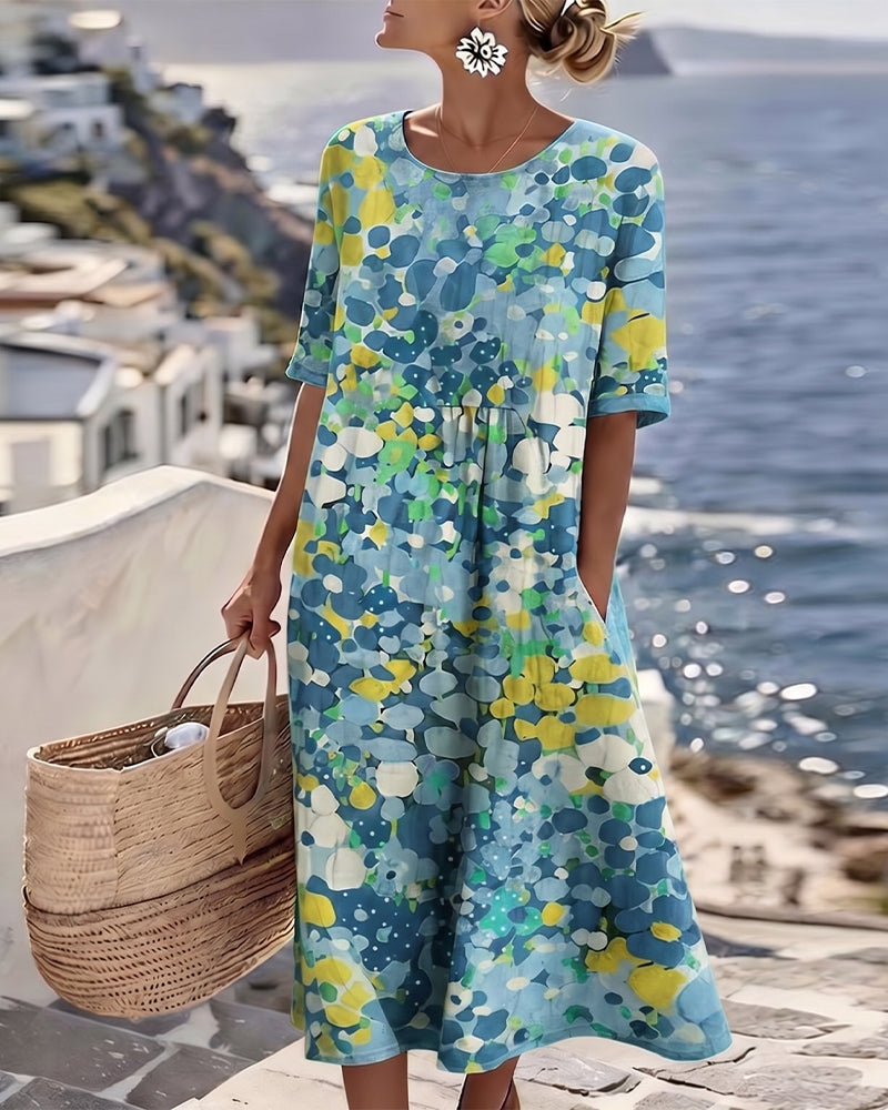 Vestido midi estampado floral, estilo casual chic para mujer, ideal para primavera.