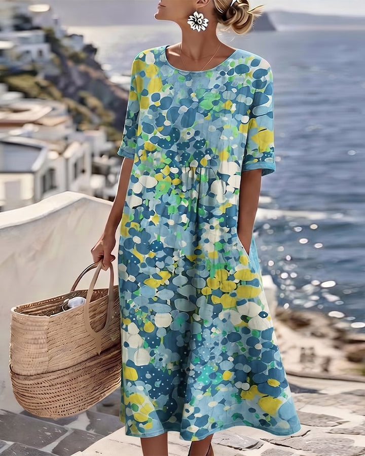 Vestido midi estampado floral, estilo casual chic para mujer, ideal para primavera.