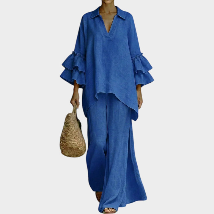 Top suelto y pantalón ancho Leire para mujer. Conjunto elegante de dos piezas con estilo fluido, ideal para moda casual de verano.