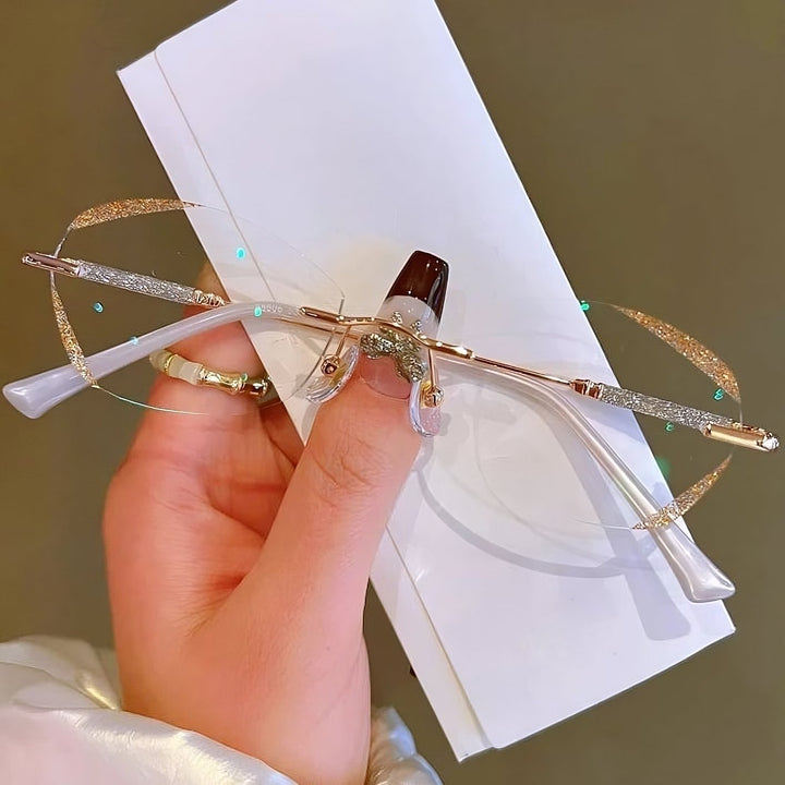 Gafas de lectura sin montura para mujer. Bloquean luz azul y reducen fatiga ocular. Elegantes y cómodas.