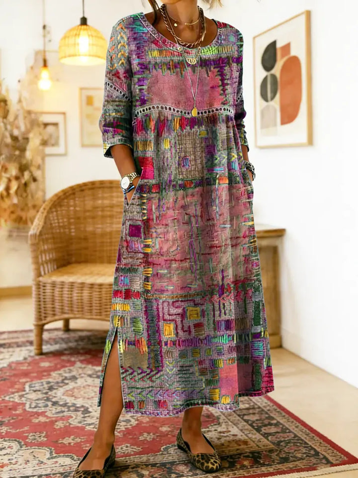 Vestido transpirable de denim para mujer, con estampado de patchwork étnico.