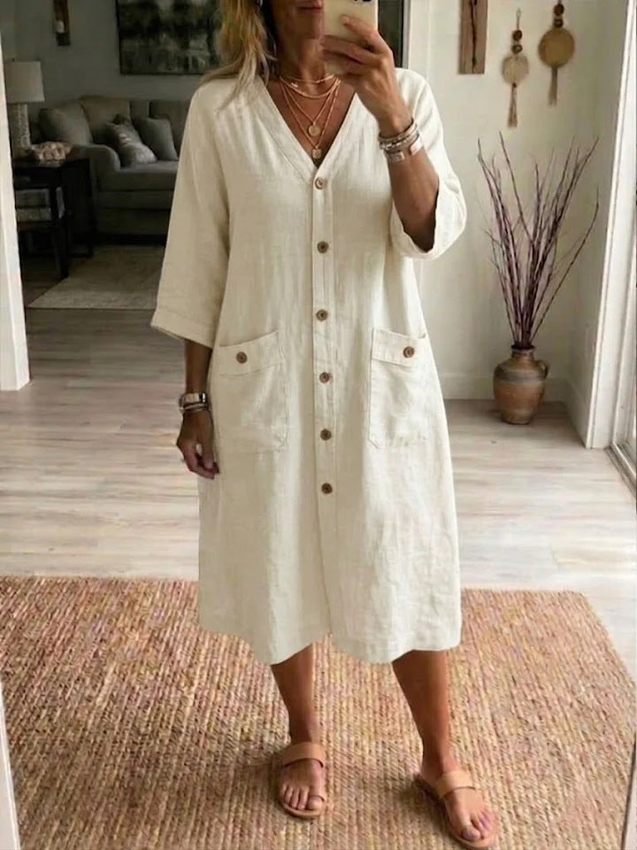 Elegante vestido midi de mujer, algodón lino, con botones. Perfecto para un look casual o eventos de verano.