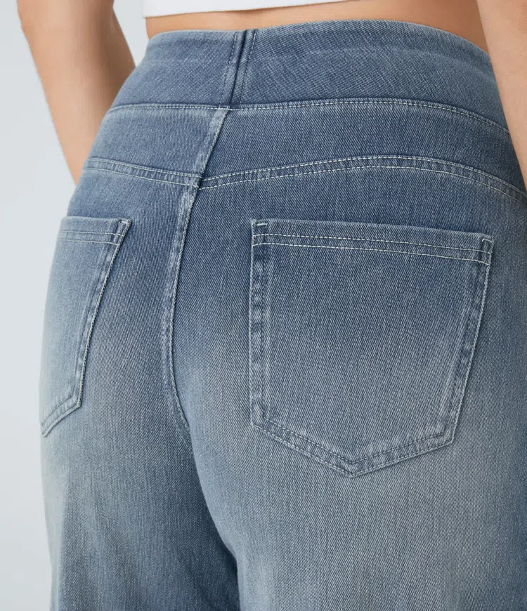 Pantalón jean elástico de mujer, talle alto y pierna ancha. Estilo casual y moderno, silueta moldeadora.