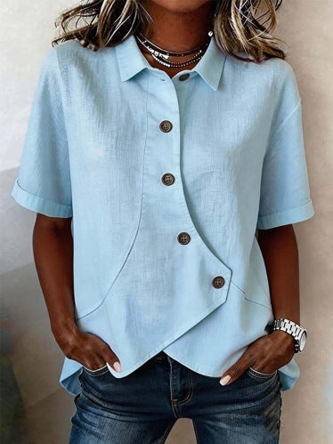 Top asimétrico de mujer, diseño versátil con botones. Estilo chic para ropa casual o look de oficina.