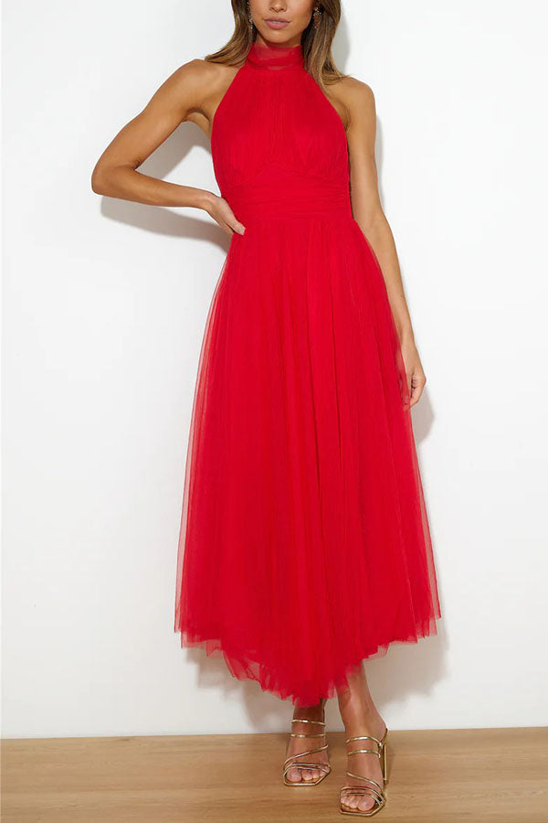 Vestido halter de mujer, largo midi, diseño elegante y voluminoso para fiestas.
