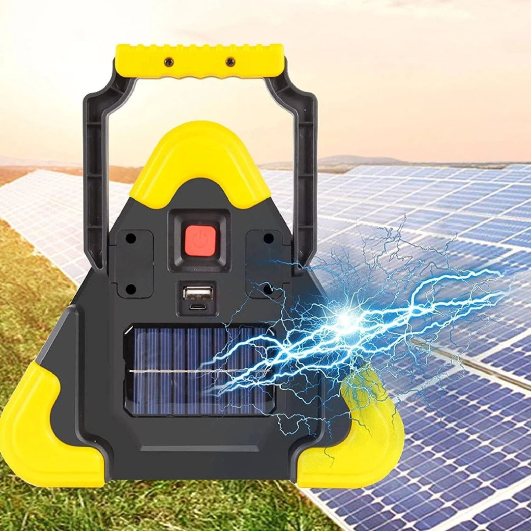 Lámpara LED solar triangular de emergencia para coche, con luz de advertencia y power bank portátil.