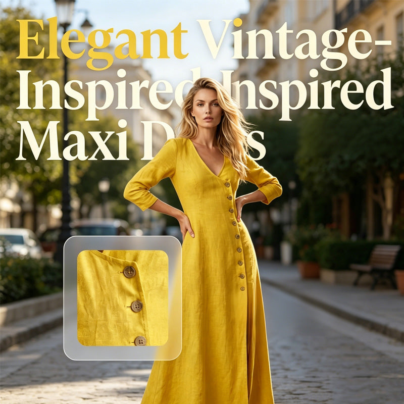 Vestido elegante de mujer, estilo vintage con botones. Moda de verano fluida y cómoda.