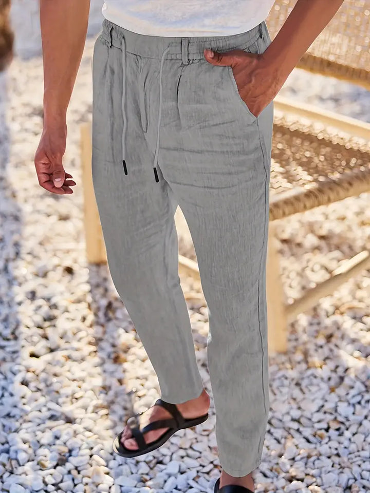 Pantalones de lino hombre, cordón, estilo casual, perfectos para viajes y vacaciones.