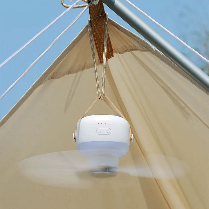 Ventilador de techo portátil con luz LED integrada, silencioso y de batería. Perfecto para camping o crear frescura en verano.