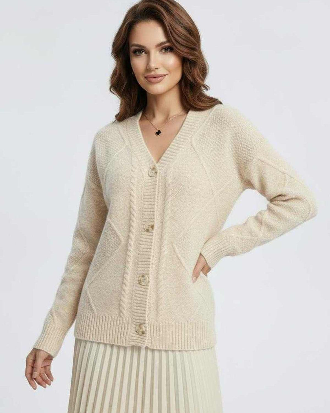 Suéter cardigan celeste de manga larga para mujer, con cuello V, abrigador y chic.