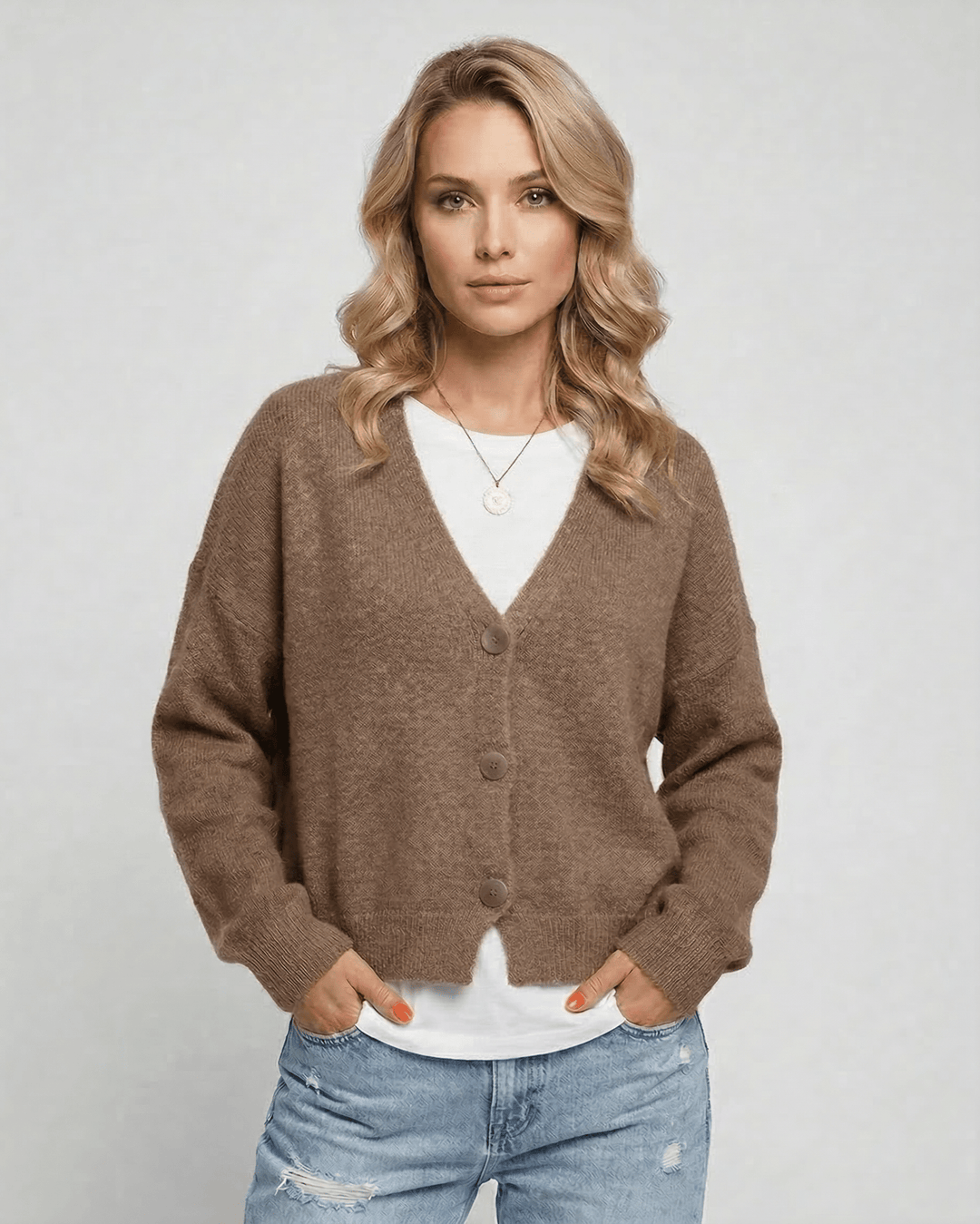 Cárdigan celeste de punto para mujer, suave y elegante, ideal para otoño e invierno.