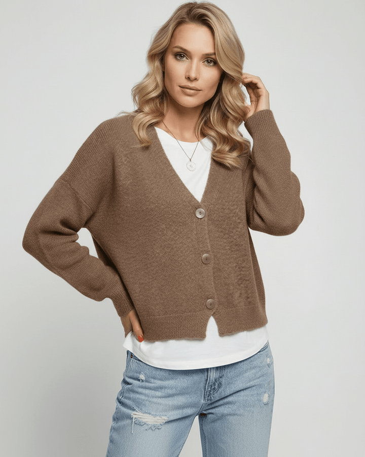 Suéter cárdigan celeste cómodo para mujer, moda casual de punto para superposición.