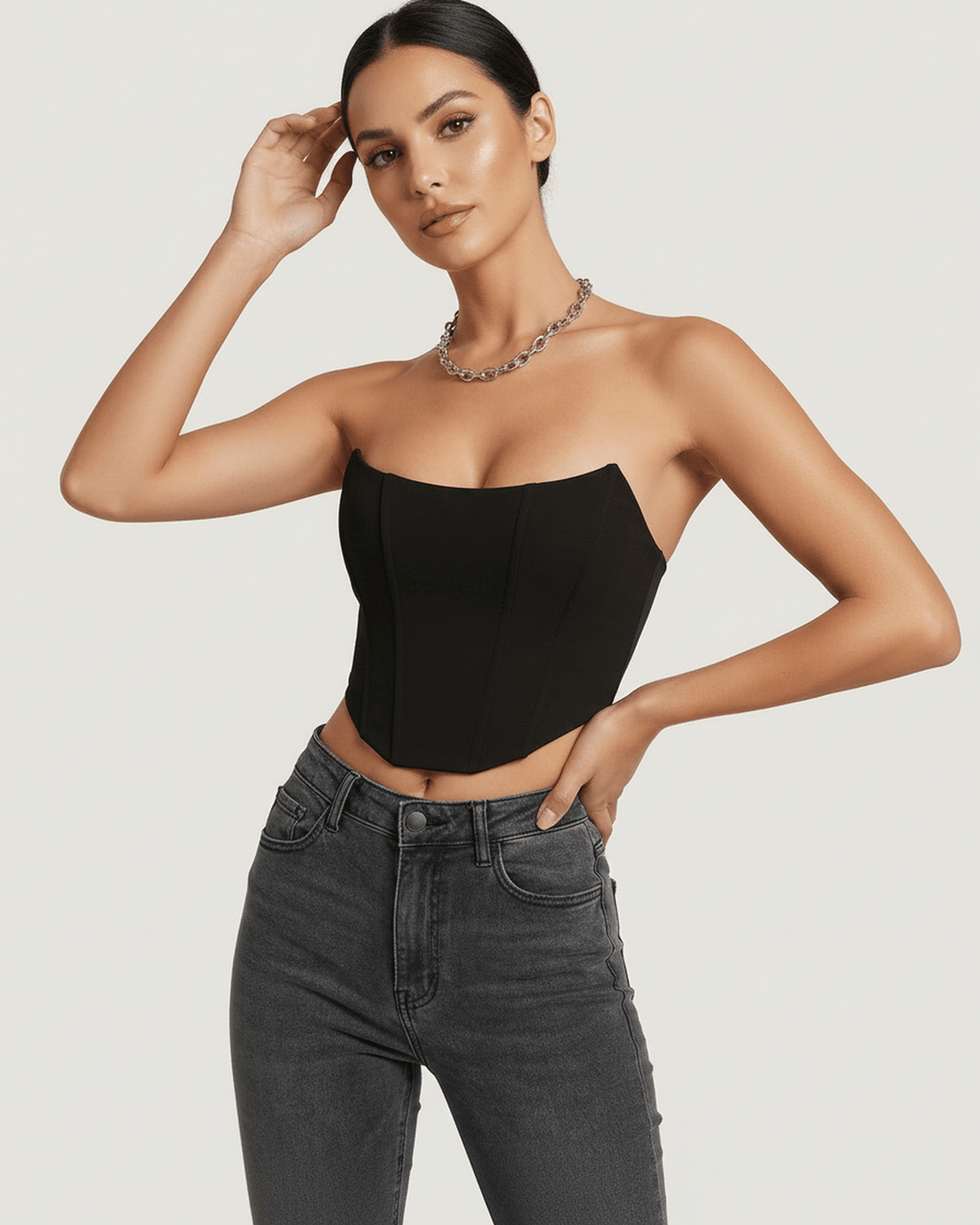 Corsé top celeste de fiesta para mujer, con diseño estructurado y sin tirantes para un look chic.