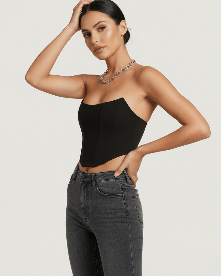 Top corsé de mujer celeste, estructurado y sin tirantes, pieza versátil para eventos elegantes.